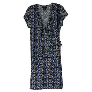 Elementz Dress Women’s Blue Black Yellow V Neck Faux Wrap‎ Short Sleeve Petite L